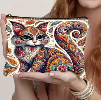 Козметична чанта с котешки мотив, платнена, с цип, дишаща, за ежедневна употреба
