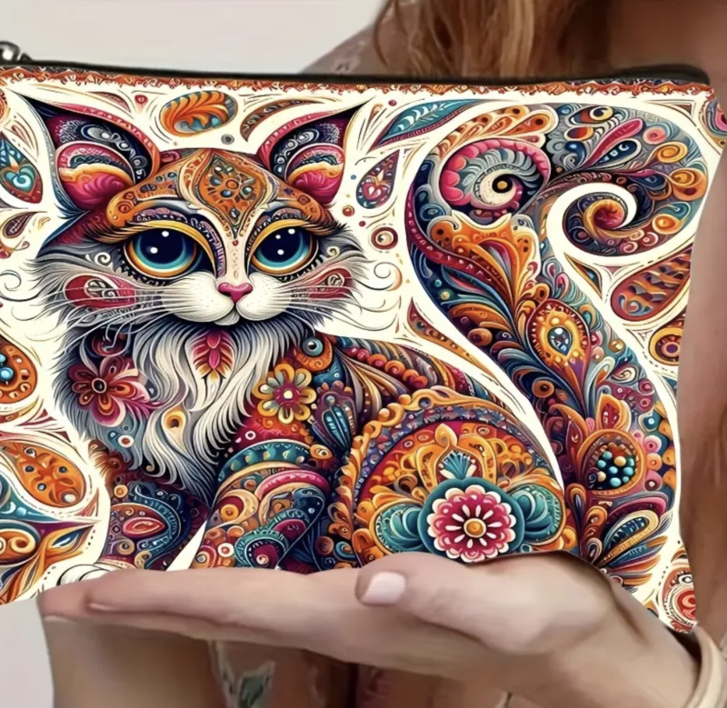 Козметична чанта с котешки мотив, платнена, с цип, дишаща, за ежедневна употреба