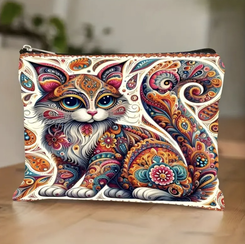 Козметична чанта с котешки мотив, платнена, с цип, дишаща, за ежедневна употреба