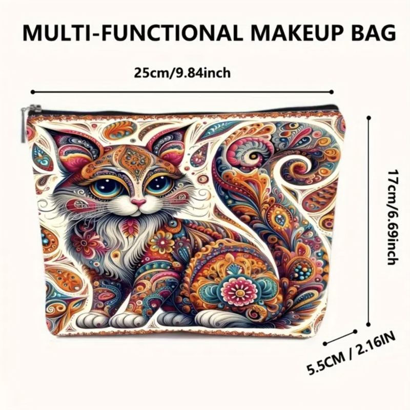 Козметична чанта с котешки мотив, платнена, с цип, дишаща, за ежедневна употреба