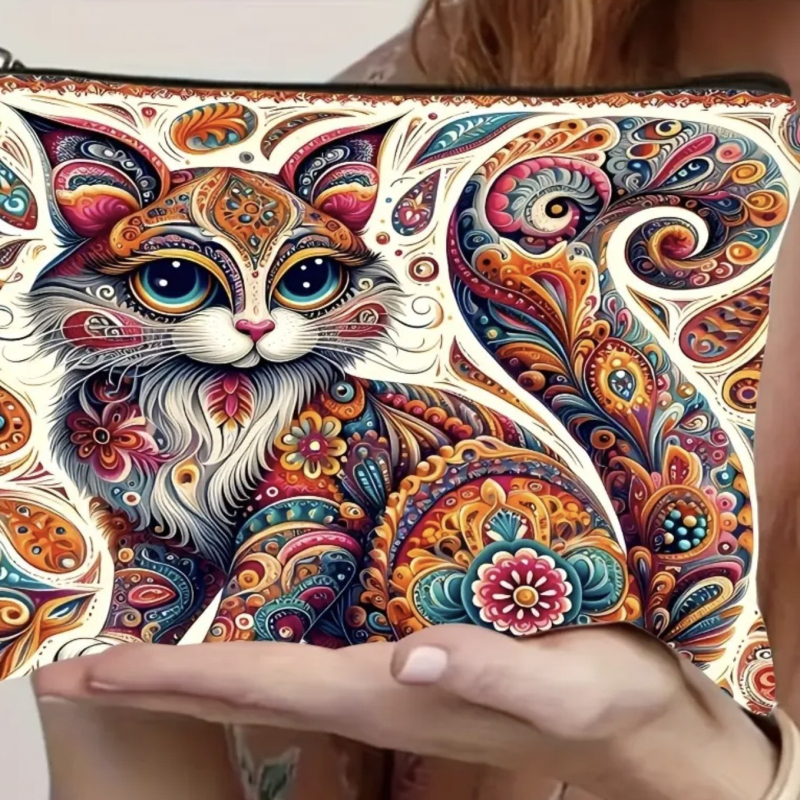 Козметична чанта с котешки мотив, платнена, с цип, дишаща, за ежедневна употреба