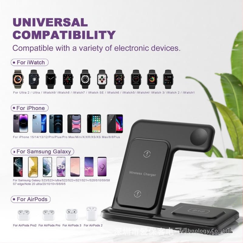 Sklopiteľný 3-in-1 bezdrôtový nabíjač pre iPhone, Apple Watch a AirPods (15W rýchle nabíjanie, QC3.0, 9V/2A)