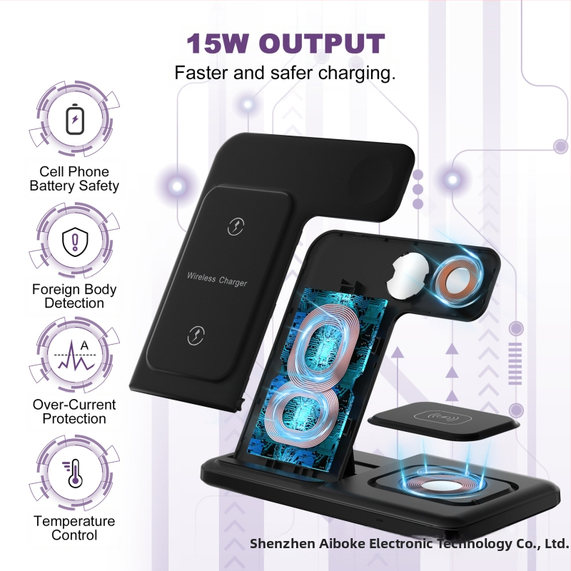 Sklopiteľný 3-in-1 bezdrôtový nabíjač pre iPhone, Apple Watch a AirPods (15W rýchle nabíjanie, QC3.0, 9V/2A)