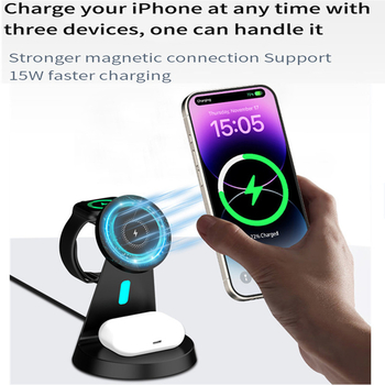 Τρία σε Ένα μαγνητικό ασύρματο φορτιστή-βάση για iPhone 16, Apple Watch και AirPods – Έξοδος 15W, Ρεύμα 3A, QC3.0 γρήγορη φόρτιση, Συνολική ισχύς 18W