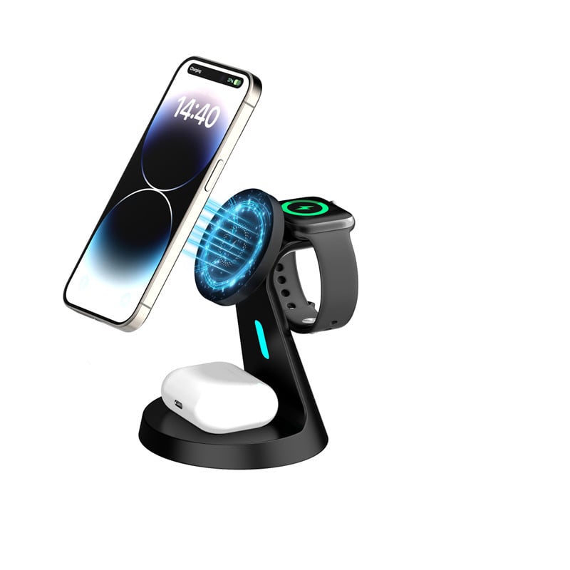 3-u-1 magnetski bežični punjač-stalak za iPhone 16, Apple Watch i AirPods – izlaz 15W, 3A, QC3.0 brzo punjenje, ukupna snaga 18W