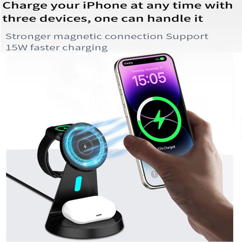 3-u-1 magnetski bežični punjač-stalak za iPhone 16, Apple Watch i AirPods – izlaz 15W, 3A, QC3.0 brzo punjenje, ukupna snaga 18W