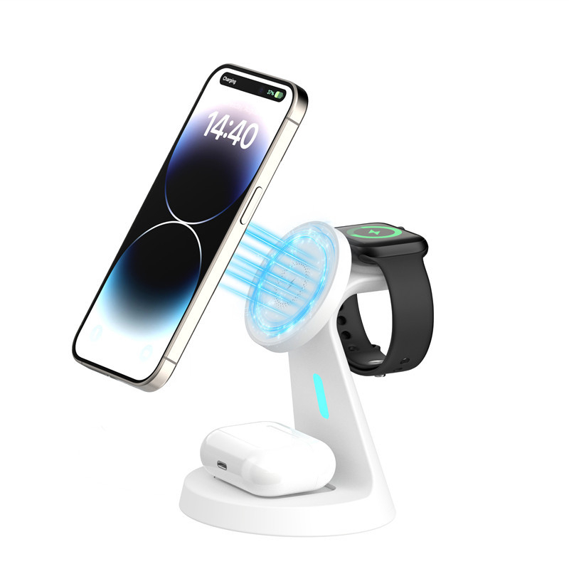 3-u-1 magnetski bežični punjač-stalak za iPhone 16, Apple Watch i AirPods – izlaz 15W, 3A, QC3.0 brzo punjenje, ukupna snaga 18W