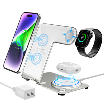 Αλουμινένιος ασύρματος φορτιστής 3-σε-1 για κινητά τηλέφωνα — 15W εξόδου, QC3.0, συμβατός με το iPhone 15