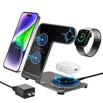 Αλουμινένιος ασύρματος φορτιστής 3-σε-1 για κινητά τηλέφωνα — 15W εξόδου, QC3.0, συμβατός με το iPhone 15