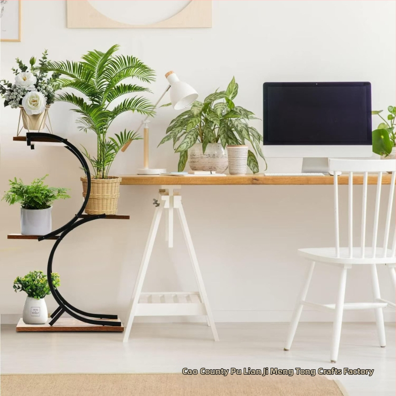 4-етажна дървена стойка за растения с S-образна рамка | подвижна | дърво/бамбук