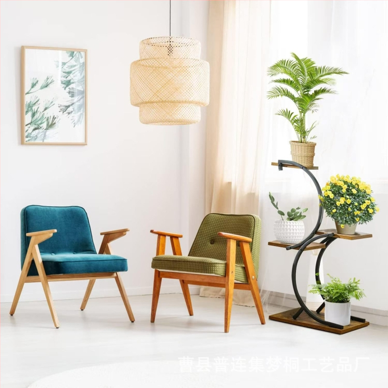 4-етажна дървена стойка за растения с S-образна рамка | подвижна | дърво/бамбук