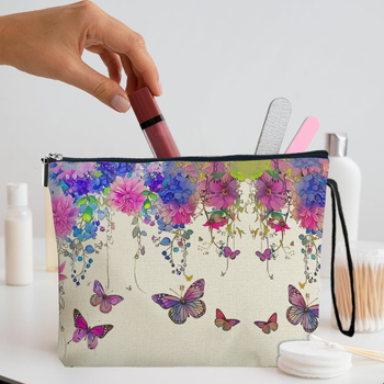 Τσαντάκι καλλυντικών από πολυεστέρα με μοτίβο λουλουδιών και πεταλούδας; επένδυση από πολυεστέρα; αναπνεύσιμη, εξαιρετικά ελαφριά, επεκτειόμενη; καθημερινή χρήση