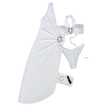 Trijų dalių maudymosi kostiumėlių komplektas su tūbos topu ir vieno peties palaidinuke; sulaužyti gėlių raštai; greitai džiūva, aukštas poliesterio elastingumas; su krūties pagalvėle, be plieno atramos; poliesterio pamušalas