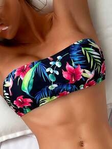 Be rankovių dviejų dalių bikini komplektas su įdėtu viršutiniu — gėlių raštas, Europos ir Amerikos stilius, poliesterio audinys