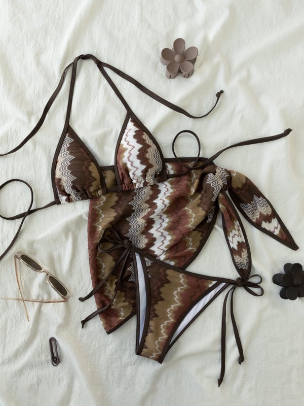Ženski bikini s suknjom za plažu, trodijelni set, prugasti uzorak, visok struk, vezanje oko vrata, otvoreno leđa