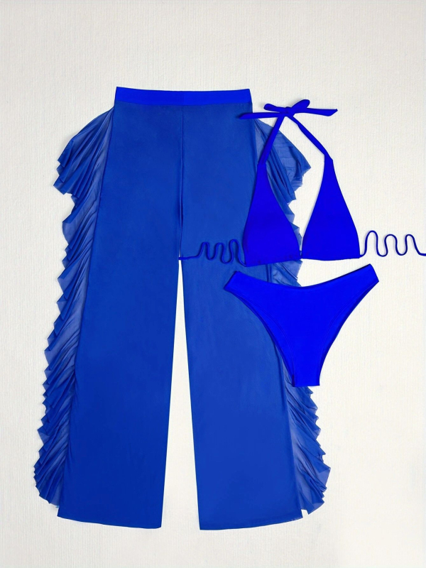 Trijų dalių bikini komplektas su krūties pagalvėlėmis, elastus poliesterio audinys, moteriškas maudymosi kostiumėlis