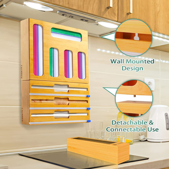 Ξύλινο επιτραπέζιο κουτί αποθήκευσης με διαμερίσματα για μεμβράνες και σακούλες, διανομέας, δυνατότητα εκτύπωσης λογότυπου, κατάλληλο για κουζίνα και οικία.