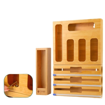 Ξύλινο επιτραπέζιο κουτί αποθήκευσης με διαμερίσματα για μεμβράνες και σακούλες, διανομέας, δυνατότητα εκτύπωσης λογότυπου, κατάλληλο για κουζίνα και οικία.