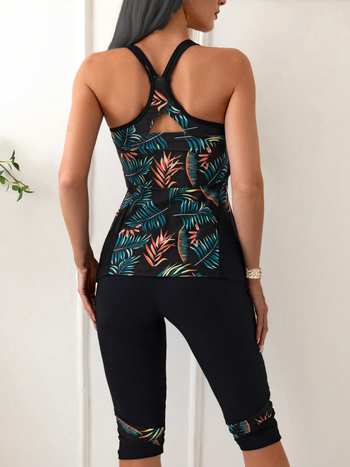 Μαγιό ολόσωμο με διαχωρισμό για γυναίκες – φλοράλ μοτίβο, υψηλή ελαστικότητα, συντηρητικό, χωρίς μανίκια με επένδυση στήθους