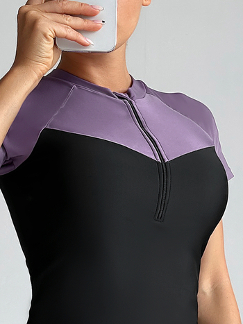 Ολόσωμο μαγιό με φούστα για γυναίκες, μπλοκ χρωμάτων, εφαρμοστό, με μαξιλαράκια στήθου, πολυεστερικό ύφασμα με επένδυση 18% σπαντέξ