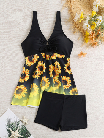 Σετ μπικίνι δύο τεμαχίων: Τοπ με μοτίβο ηλίανθου και κάτω μέρος με φούστα; ύφασμα νάιλον; σύνθεση 80%/20%; επένδυση για το στήθος; υψηλή ελαστικότητα
