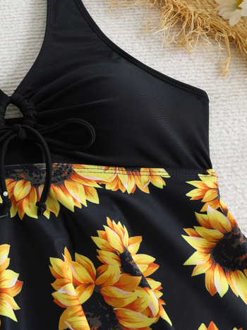 Σετ μπικίνι δύο τεμαχίων: Τοπ με μοτίβο ηλίανθου και κάτω μέρος με φούστα; ύφασμα νάιλον; σύνθεση 80%/20%; επένδυση για το στήθος; υψηλή ελαστικότητα