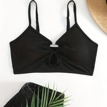 Női háromszög bikini, ujjatlan, hátsó része nyitott, egyszínű; melltartó párnázott, acélos tartó nélkül; poliészter anyag 81%, bélés 19%