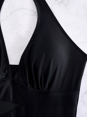 Μονόσωμο μαγιό για γυναίκες με halter-neck, πάνελ από δίχτυ, μονόχρωμο σχέδιο, ύφασμα νάιλον, επένδυση πολυεστέρα-ελαστάν