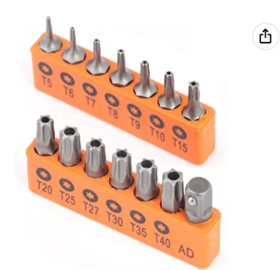 14-частен комплект от S2 сплавна стомана с куха Torx глава и шестостенни битове, с държач за съхранение