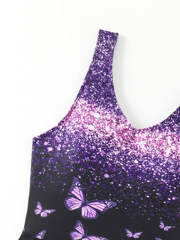 Costum de baie întreg pentru femei, fără mâneci, imprimeu cu fluture, burete pentru bust, poliester 82%, greutate 300 g