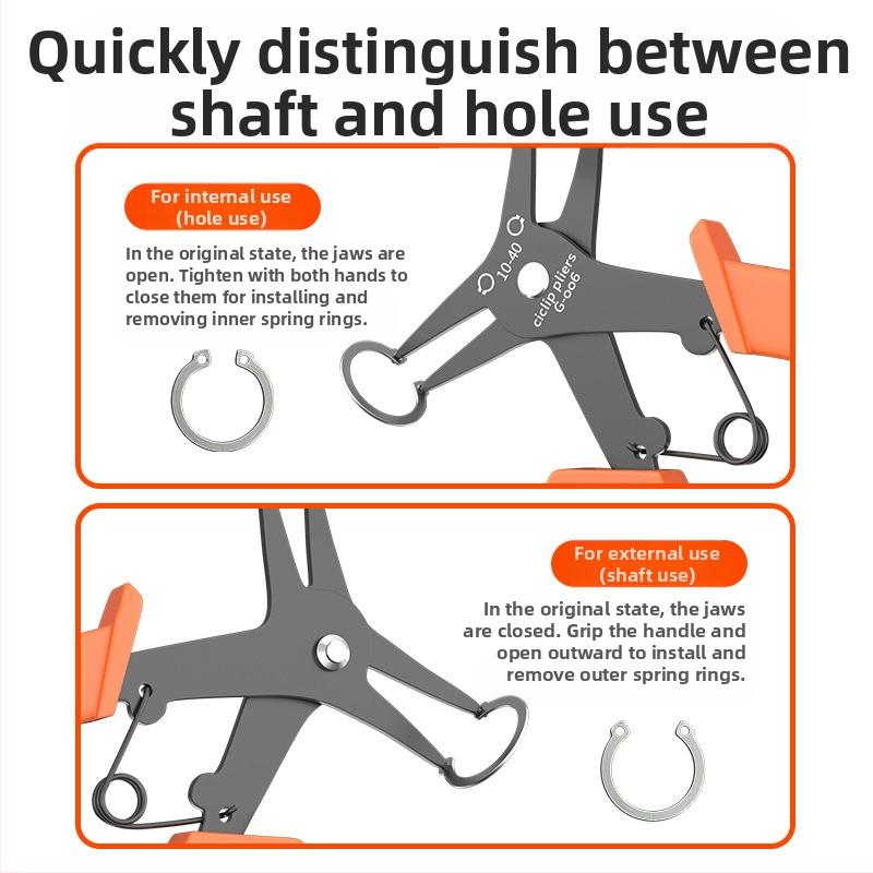 Клещи за пръстени цирклип, двупосочни за вътрешни и външни пръстени — глава 25 мм, ъгъл 45°, тегло 108 g, самостоятелен инструмент, дълготрайна еластичност