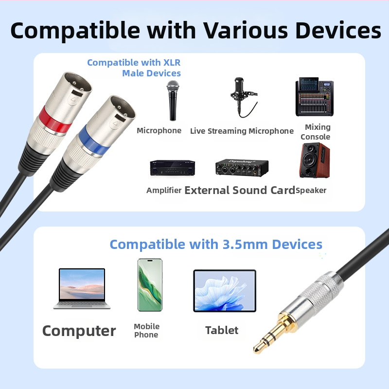 3.5mm към 2×XLR аудио кабел, медно ядро, златно покритие, RoHS сертифициран