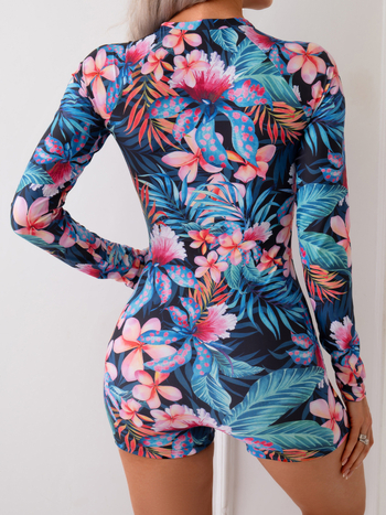 Γυναικείος ολόσωμος μαγιό με εκτύπωση, μακρύ μανίκι, μπροστινό φερμουάρ, επένδυση στήθους, πολυεστέρας, UV προστασία.