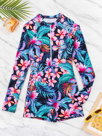 Γυναικείος ολόσωμος μαγιό με εκτύπωση, μακρύ μανίκι, μπροστινό φερμουάρ, επένδυση στήθους, πολυεστέρας, UV προστασία.