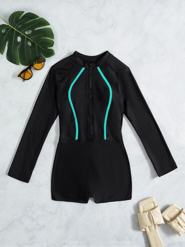 Costum de baie întreg pentru femei, mâneci lungi, culoare solidă, 82% poliester, căptușeală 18% elastan.