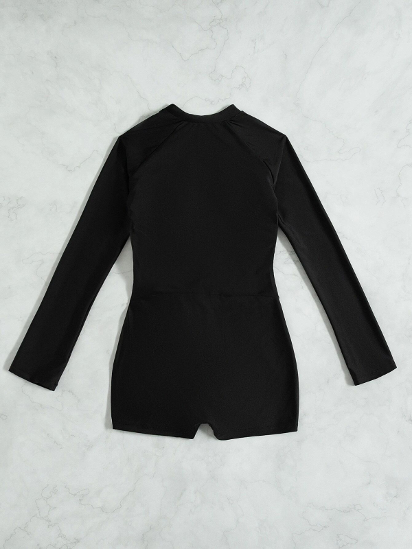 Costum de baie întreg pentru femei, mâneci lungi, culoare solidă, 82% poliester, căptușeală 18% elastan.