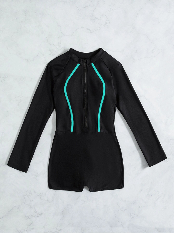 Costum de baie întreg pentru femei, mâneci lungi, culoare solidă, 82% poliester, căptușeală 18% elastan.