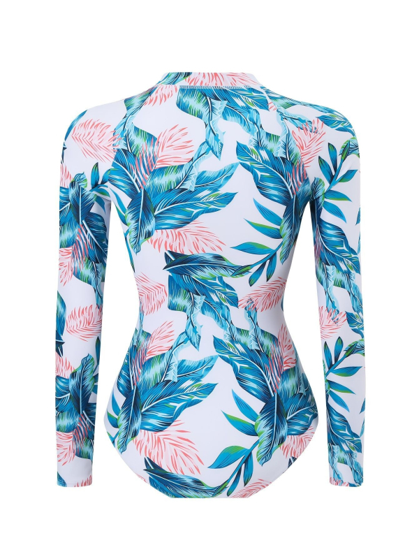 Női egyrészes úszódressz hosszú ujjú cipzárral, vízálló, szorosan illeszkedő; mintás print; anyag poliészter és elasztán 82%-os elasztántartalommal, bélés poliészter