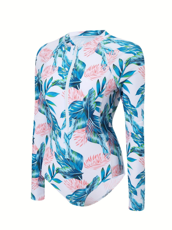 Női egyrészes úszódressz hosszú ujjú cipzárral, vízálló, szorosan illeszkedő; mintás print; anyag poliészter és elasztán 82%-os elasztántartalommal, bélés poliészter