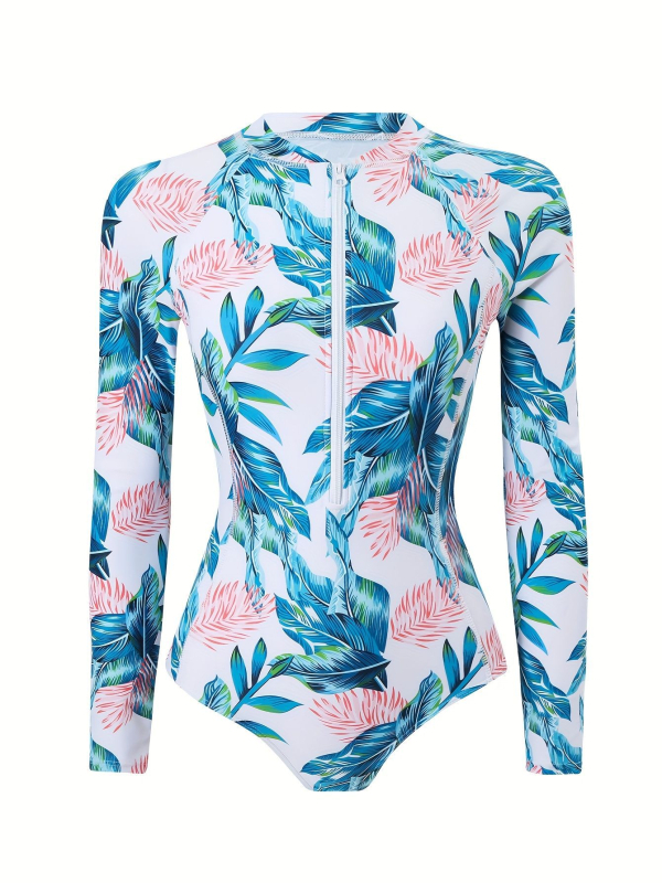 Női egyrészes úszódressz hosszú ujjú cipzárral, vízálló, szorosan illeszkedő; mintás print; anyag poliészter és elasztán 82%-os elasztántartalommal, bélés poliészter