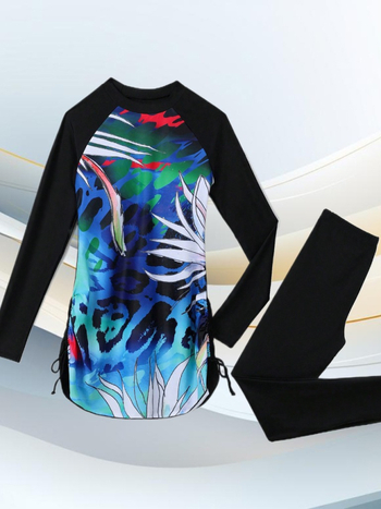 Γυναικείο μακρύ μανίκι μαγιό με πλήρη προστασία από τον ήλιο, με επένδυση για το στήθος και σχεδιασμό με κορδόνι διαχωρισμού; ύφασμα πολυεστέρα με επένδυση ελαστάνης; σχέδιο: σπασμένα λουλούδια; κατάλληλο για κολύμβηση και ελαφριά θαλάσσια σπορ