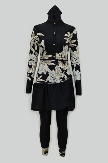 Trys dalių konservatyvus maudymosi kostiumėlis su spauda, aukšta elastingumas, pilnas uždengimas, UV apsauga