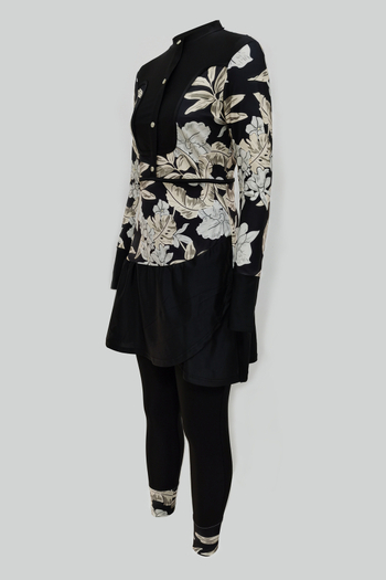 Trys dalių konservatyvus maudymosi kostiumėlis su spauda, aukšta elastingumas, pilnas uždengimas, UV apsauga