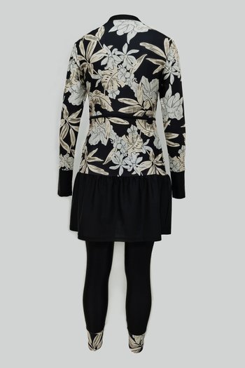 Trys dalių konservatyvus maudymosi kostiumėlis su spauda, aukšta elastingumas, pilnas uždengimas, UV apsauga