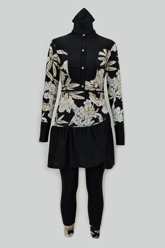 Trys dalių konservatyvus maudymosi kostiumėlis su spauda, aukšta elastingumas, pilnas uždengimas, UV apsauga