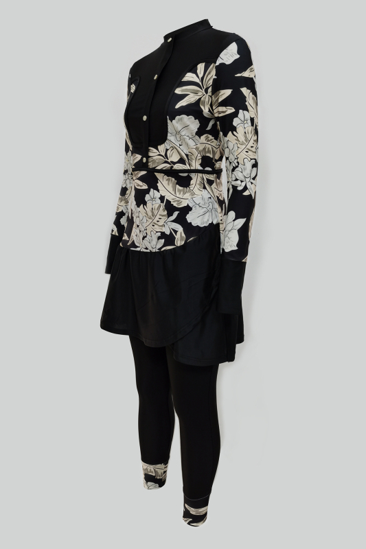 Trys dalių konservatyvus maudymosi kostiumėlis su spauda, aukšta elastingumas, pilnas uždengimas, UV apsauga