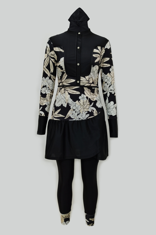 Trys dalių konservatyvus maudymosi kostiumėlis su spauda, aukšta elastingumas, pilnas uždengimas, UV apsauga