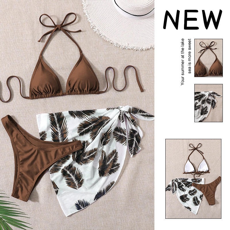 Trys dalių maudymosi kostiumėlių komplektas su kaklo raišteliu ir tinkliniu sijonu