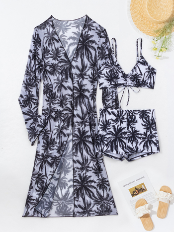 Moterų trijų dalių maudymosi kostiumėlis su kokosų raštu ir tinkliniu UV apsaugos dangteliu; viršus su petnešėlėmis, bikini viršus ir tinklinis gaubtas; krūties įdėklai, be plieno atramos; medžiaga poliesteris 82%, svoris 195 g; pamušalas 100% poliesteris.