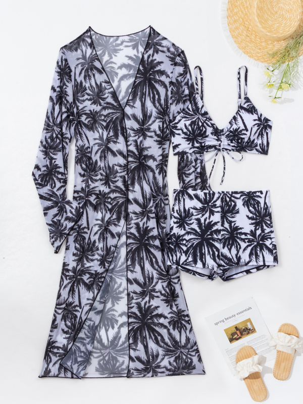 Moterų trijų dalių maudymosi kostiumėlis su kokosų raštu ir tinkliniu UV apsaugos dangteliu; viršus su petnešėlėmis, bikini viršus ir tinklinis gaubtas; krūties įdėklai, be plieno atramos; medžiaga poliesteris 82%, svoris 195 g; pamušalas 100% poliesteris.